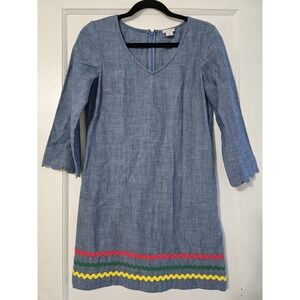 J.CREW Shift Dress Women Size 0‎ Blue Denim 100% Cotton V Neck Back Zip Pullover